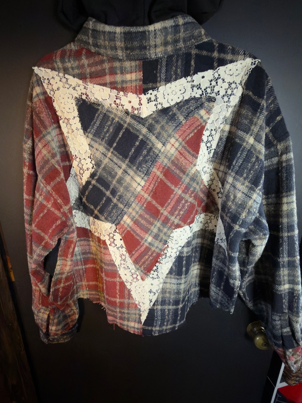 Oli & Hali Plaid Button-Front Shacket in Navy, Red & Cream Star Lace Detail - Picture 5 of 11